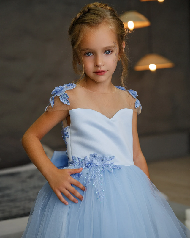 Gaun gadis bunga Applique tanpa lengan gaun Komuni Pertama model A-line Tulle A-line gaun pesta ulang tahun busur untuk anak-anak