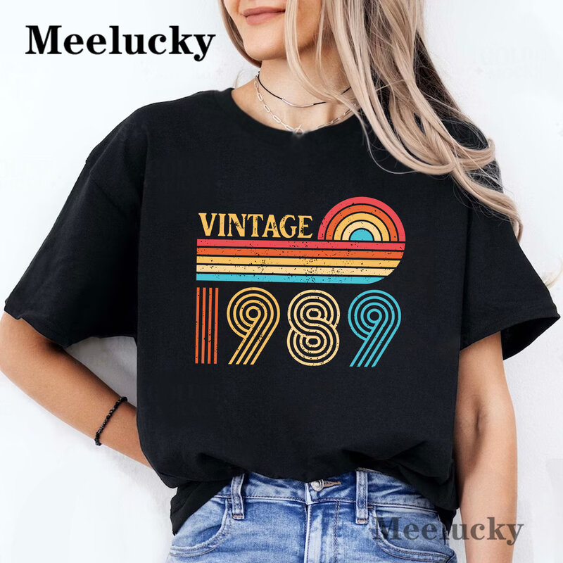 Vintage 1989 weibliche Freizeit reine Baumwolle Sommer Kurzarm T-Shirt Straße atmungsaktive T-Shirts O-Ausschnitt cool Kurzarm einfach