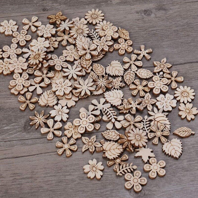 Discos de madera en forma de flor, recortes de madera sin terminar para manualidades, decoración artesanal, 100 piezas