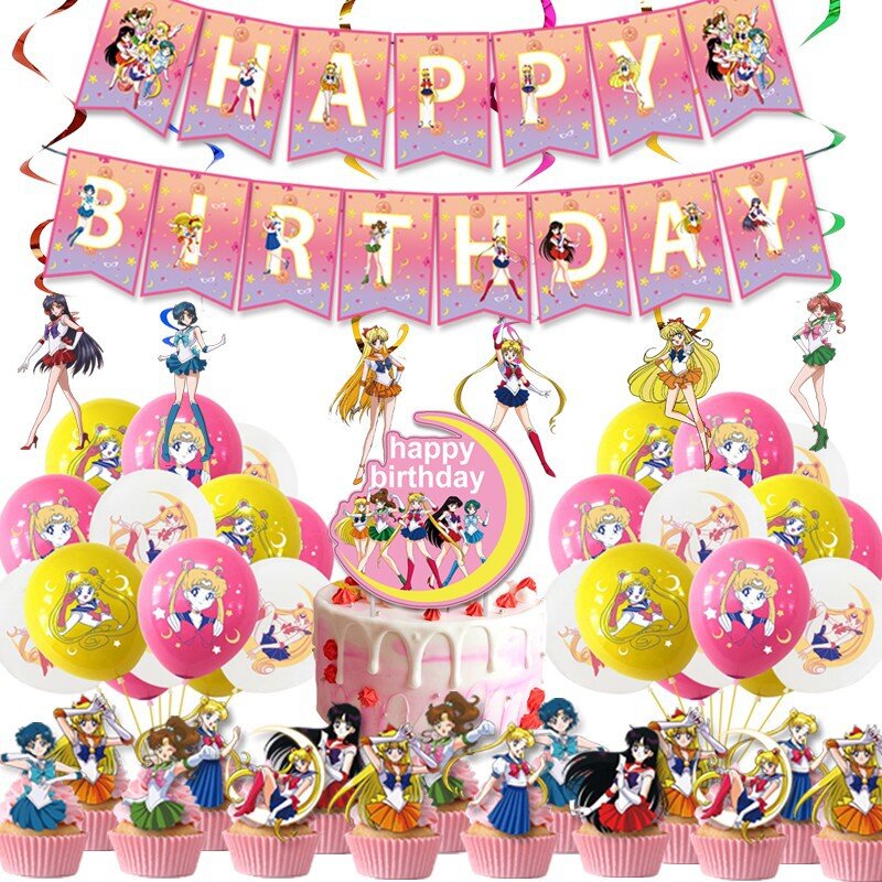Sailored Moon Girl perlengkapan pesta peralatan makan sekali pakai piring cangkir balon taplak meja spanduk untuk anak-anak dekorasi ulang tahun Baby Shower