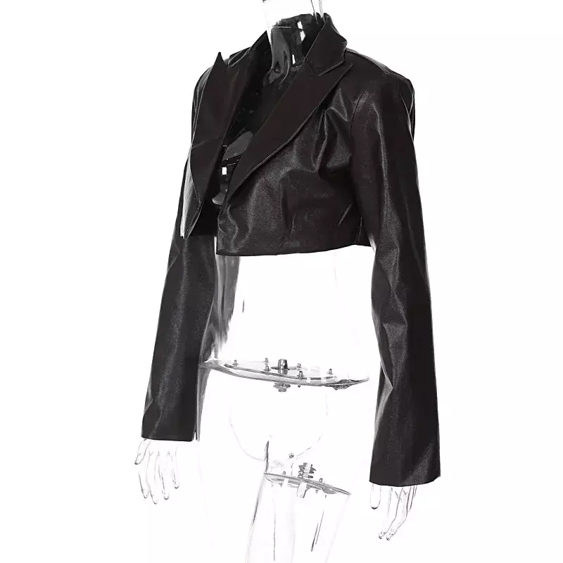 Jaqueta de couro sintético de manga comprida feminina, streetwear Y2K, gola lapela, casaco cortado, moda outono, 2024