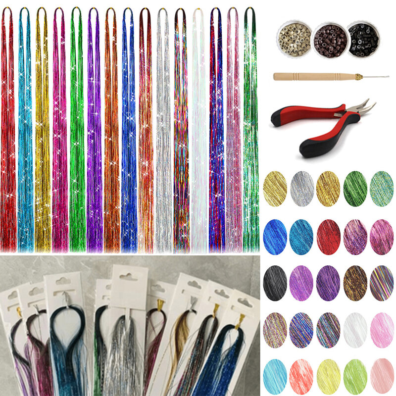 Oropel brillante para niña, hebras de color arcoíris, tocado, extensiones de cabello postizo láser, decoración con purpurina, 36/48 pulgadas