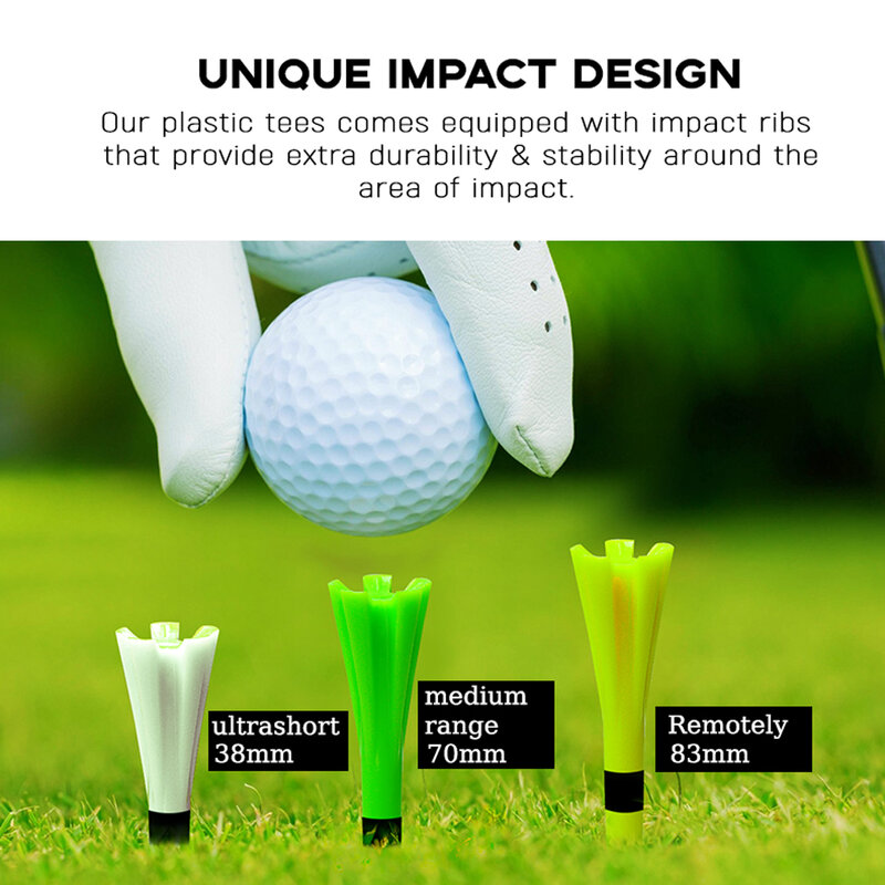 Tees de golfe de plástico com escala de impressão, inquebrável reduz a fricção, rotação lateral, 5 pinos Tee, 83mm, novo, 30 unidades por pacote