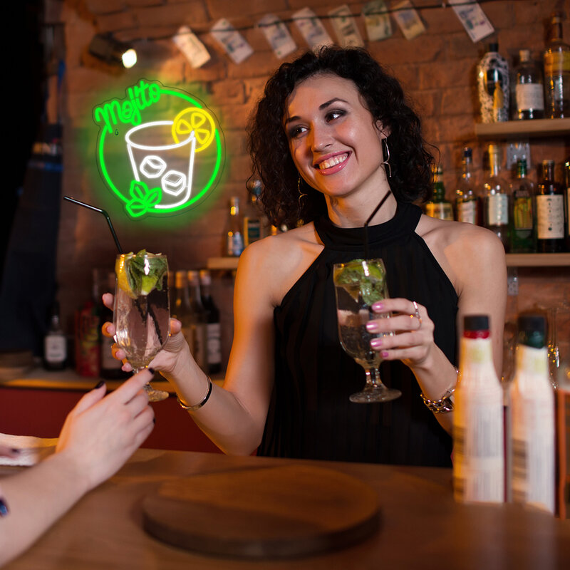 Неоновые вывески Mojito для коктейлей, неоновые вывески для напитков, баров, зеленые светодиодные неоновые вывески, Настенный декор, USB, для ночного клуба, кафе, кухни, ресторана