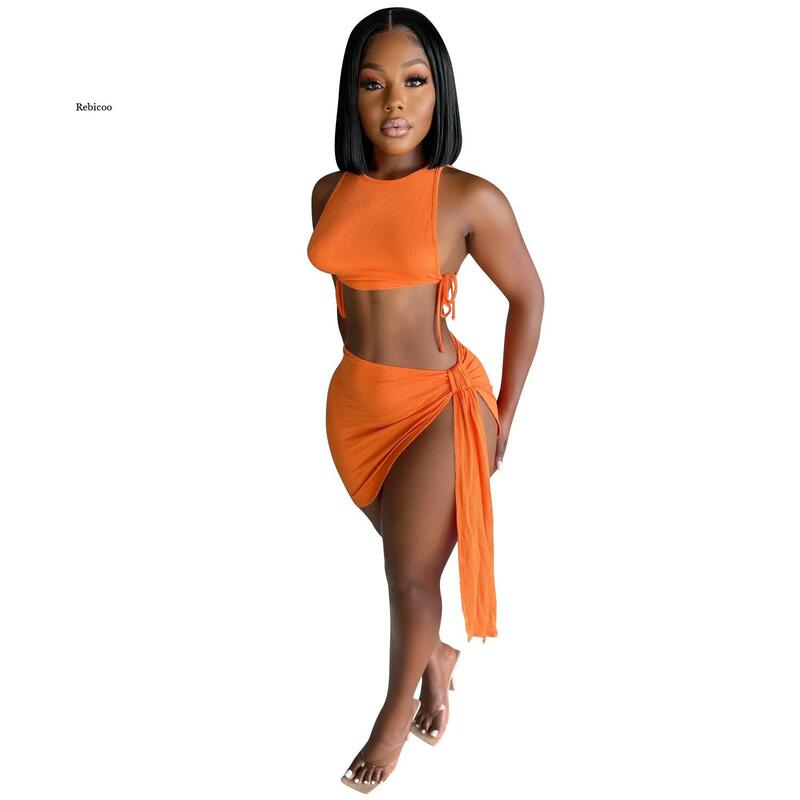 Women Knitted Ribbed Two Piece Set Bandage Crop Top Bodycon Mini Skirts Beachwear Outfits 2022 Summer Sexy Club Matching Y2K