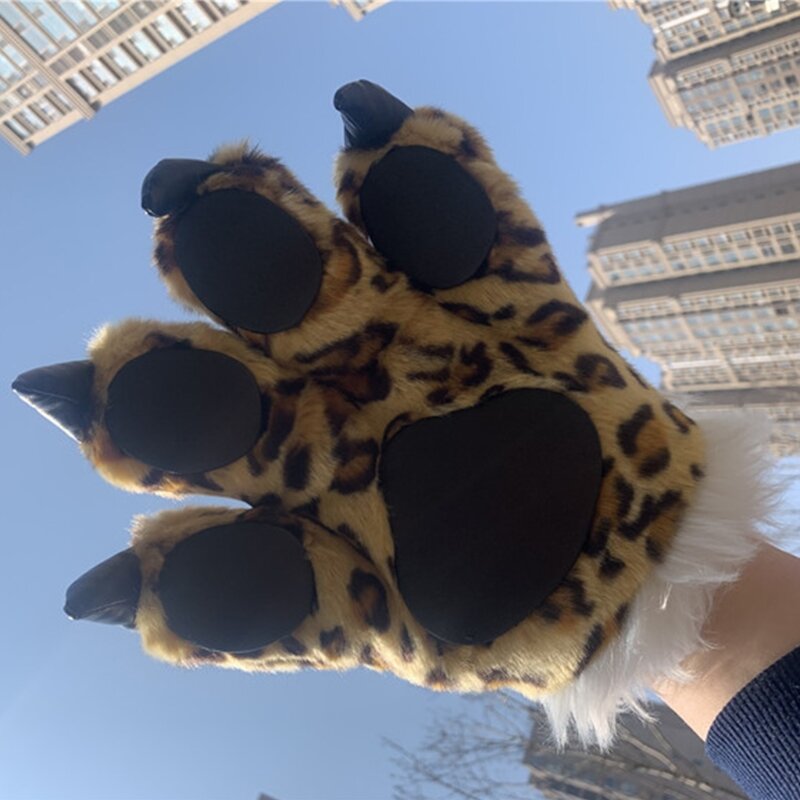 Adulto crianças simulação leopardo pata luvas pelúcia fofo animal brinquedos pelúcia acolchoado mão mais quente cosplay