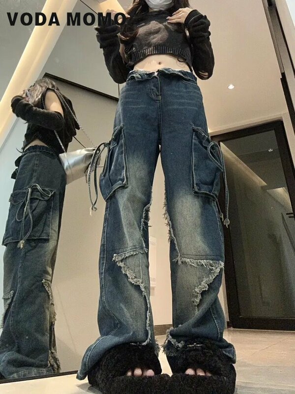 Jeans com cano reto feminino, streetwear americano, calça cargo, bordado estrela de cinco pontas, primavera e verão, novo, 2024
