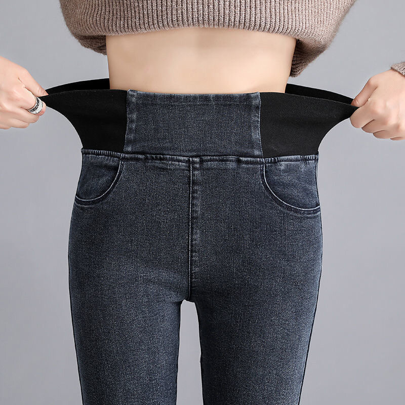 Calça jeans feminina de cintura alta clássica e lápis skinny, jeans, roupa de rua casual, tamanho grande 38