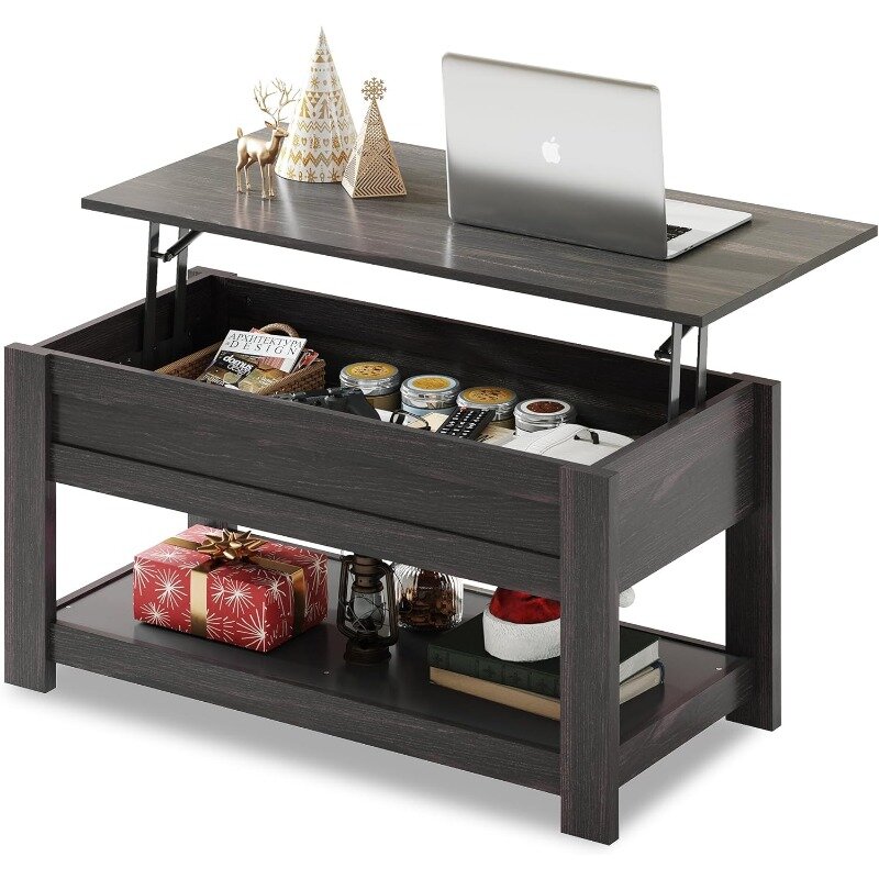 Modern Rustic Coffee Table with Storage Shelf and Hidden Compartment,Wood Lift Tabletop for Home Living Room,Black.