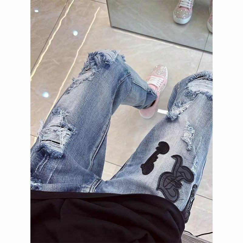 New Men's Denim Jeans Casual Spring and Autumn Slim Fit Streetwear Sweatpants Embroidery Patchwork Pali Text Broken Hole Jeans