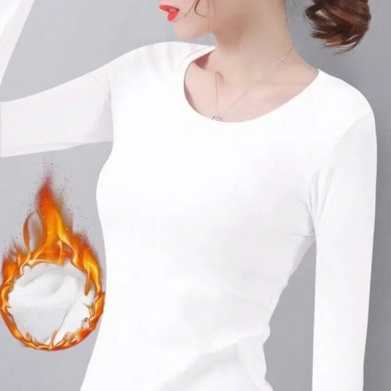 Camiseta térmica de terciopelo para mujer, camisa de manga larga con calefacción constante, de fibra fina, para Otoño e Invierno