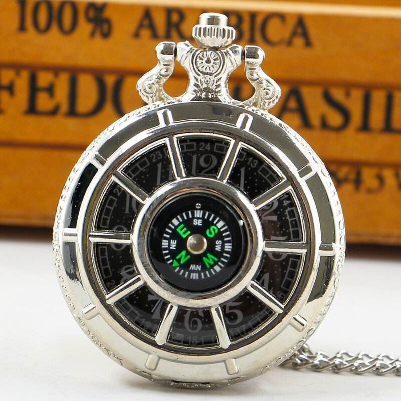Silber/Schwarz/Braun Quarz Taschenuhr Kompass dekorative Aushöhlung Halskette Anhänger mit Kette Geschenke für Kinder Freunde