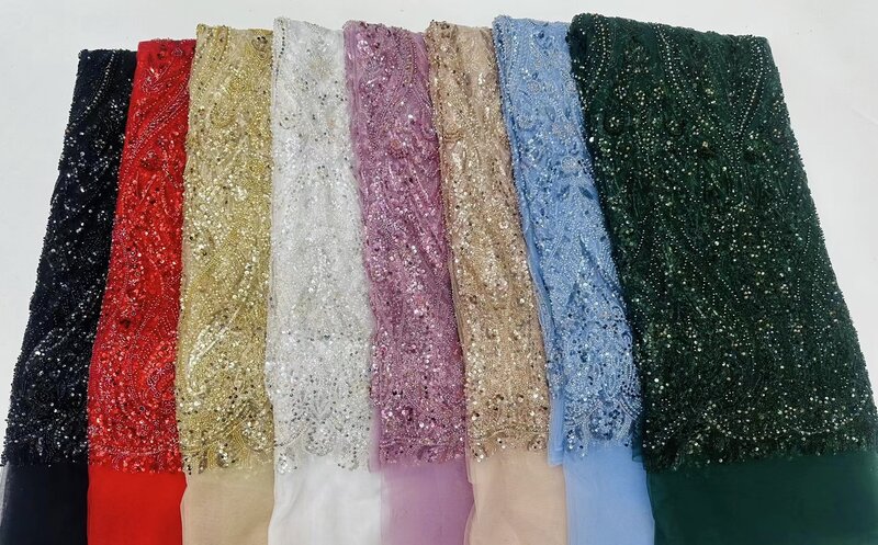 2024 Latest African Sequins Lace Fabric High Quality Embroidery 3D French Flower Beads Nigerian Net Lace For Wedding Party Dress