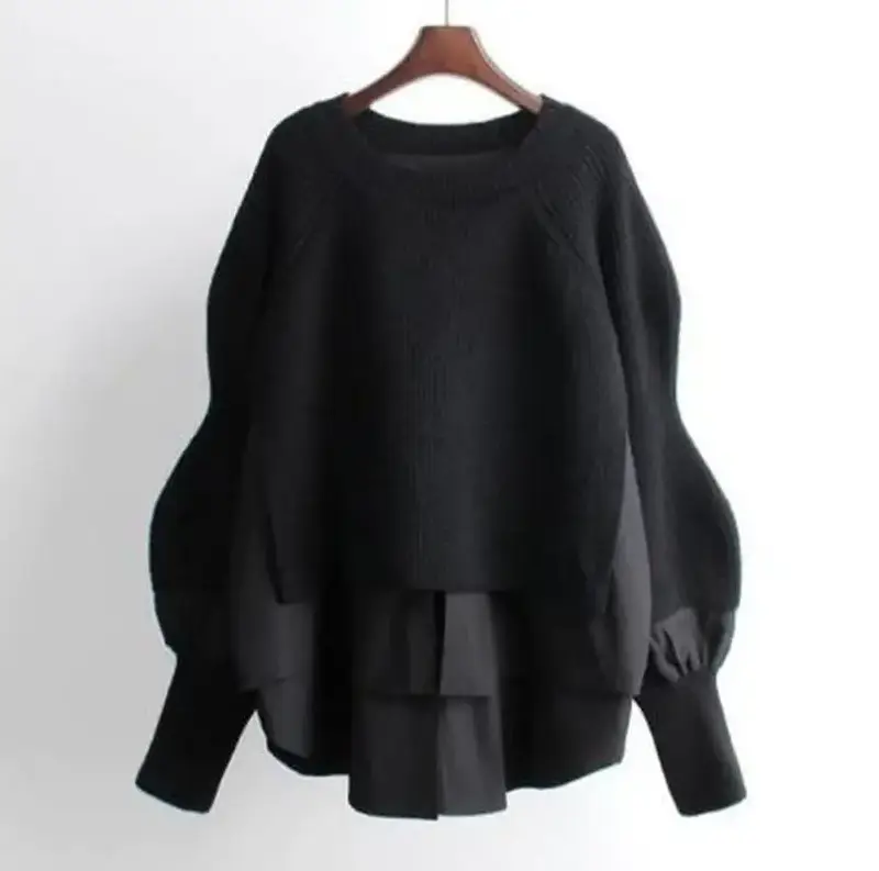 2023 mode baru musim gugur dan musim dingin Sweater wanita Pullover lengan panjang lengan lentera leher bulat sweter longgar liar