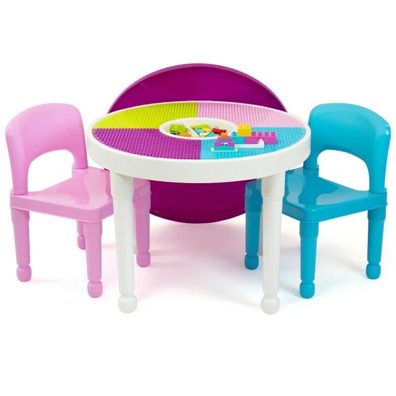 Детский пластиковый стол 2 в 1 и набор из 2 стульев, Круглый, белый, синий и розовый школьный стол и стул