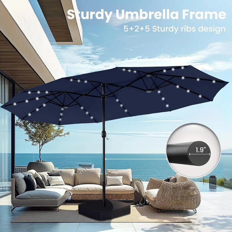 태양열 조명 대형 파티오 우산, 양면 야외 시장 직사각형 우산, 36 LED 조명, 5 피트