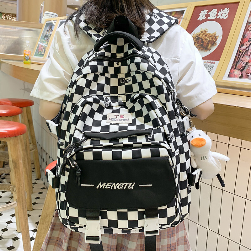 Kawaii Women's Nylon Backpack for Teenagers Girls Plaid School Bag Female Student Travel Rucksack Large Capacity Student Bookbag