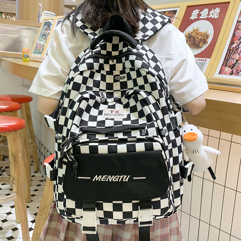 Mochila Kawaii de nailon para mujer, bolso escolar a cuadros, mochila de viaje para estudiantes, gran capacidad