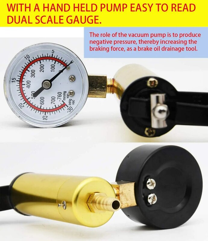 Manual Vacuum Pressure Pump Brake Fluid Drain Kit Vacuum Pistol Pump Tester Kit Portable Durable Aluminum Vacuum Gauge