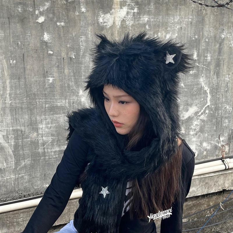 Japanese Genjuku Subculture Punk Warm Autumn Winter Furry Faux Fur Y2K Hooded Scarf Gloves Gothic Stars Black Hat Gloves sets
