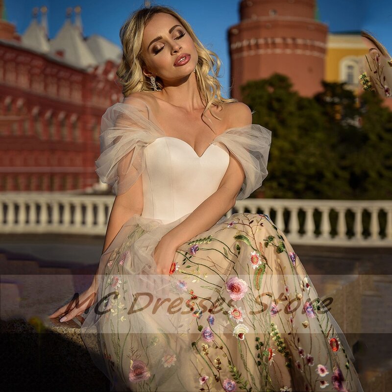 Pastrol a-line Tulle Prom Dress lunghezza del tè Vintage Applique ricamo abito da sera Illusion Off the Shoulder abiti da festa 2022