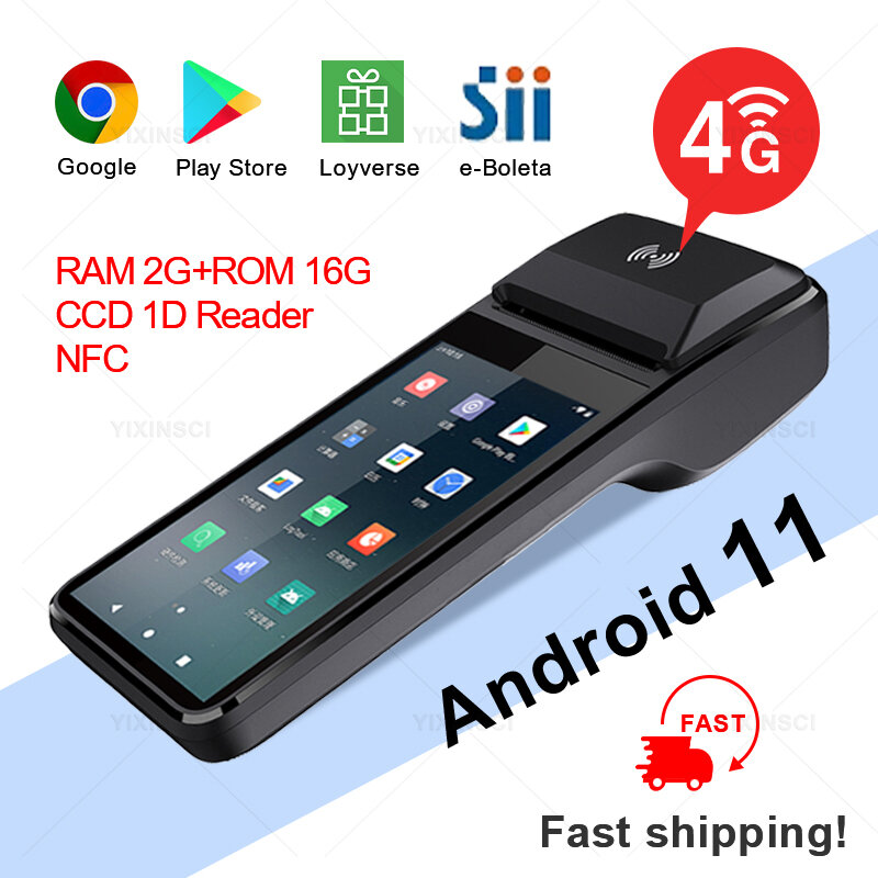 Nieuwe Android11 Handheld Pos Pda Terminal Wifi 4G Nfc Met Bluetooth 2 + 16Gb Mobiele Touch Pos 58Mm Printer Ondersteuning Google Play