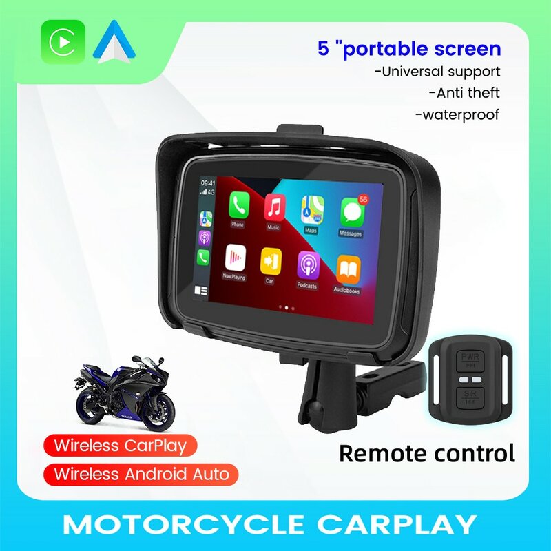 Navegação da motocicleta de 5 polegadas, IPX7 impermeável, tela sem fio Apple Carplay,monitor portátil sem fio Android Auto,Multimédia LCD