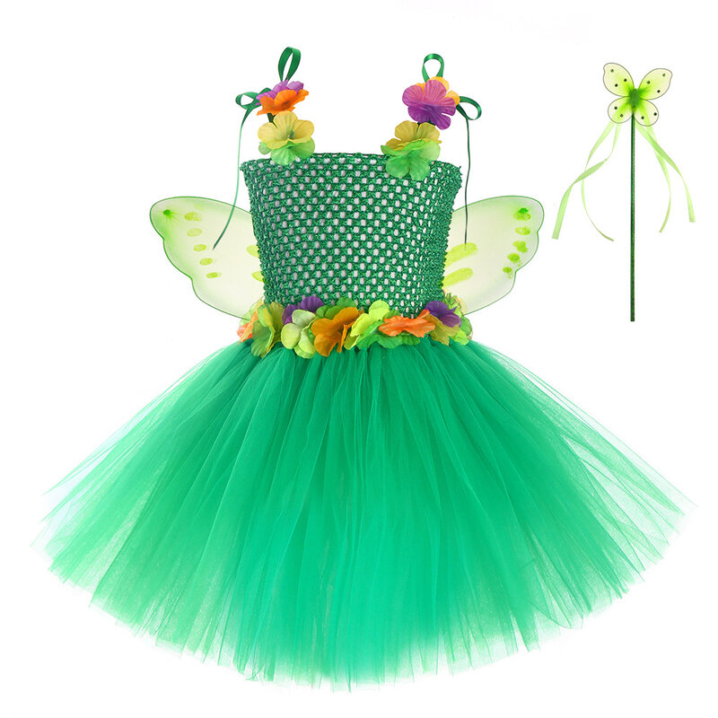 女の子のための女の子の緑の蝶の妖精のチュスカート、誕生日パーティーのスカート、チュールの衣装、弓付きの子供のクリスマスコスチューム