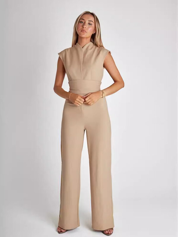 Summer New Fashion Elegant Women's Long Jumpsuit Solid Color Sleeveless Appear Thin Holiday Style Casual Loose Wide-leg Jumpsuit