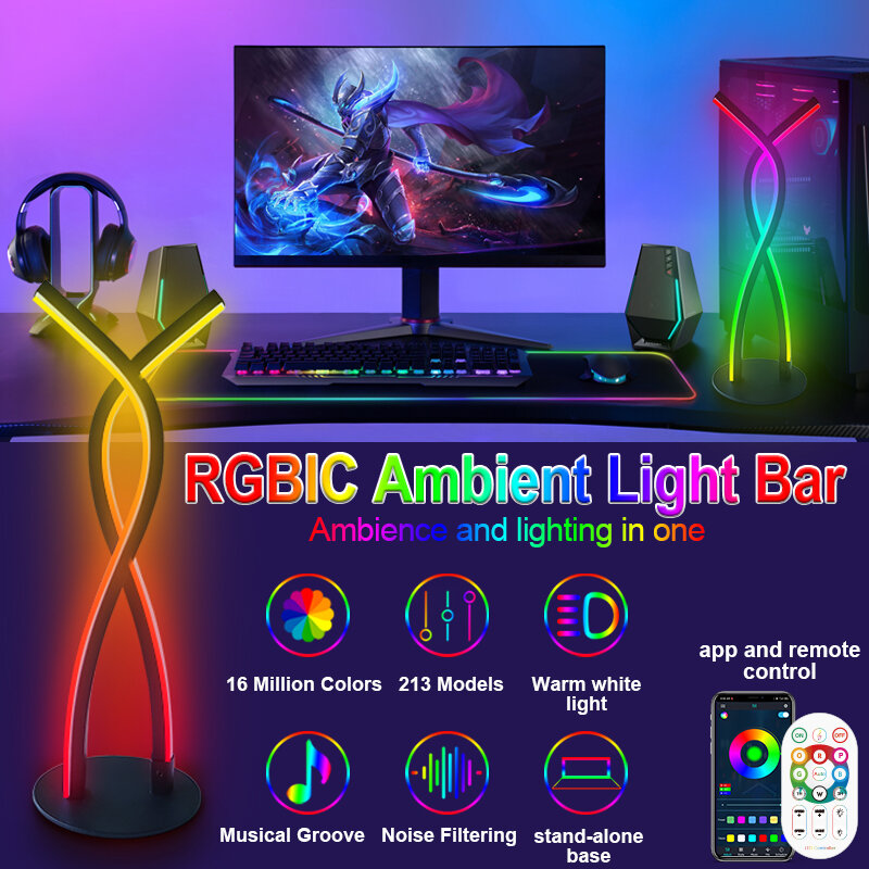 Veilleuse ambiante RGBIC LED, contrôle du son de la musique, lampe pendante 514up, télécommande pour chambre à coucher, décoration TV Esports
