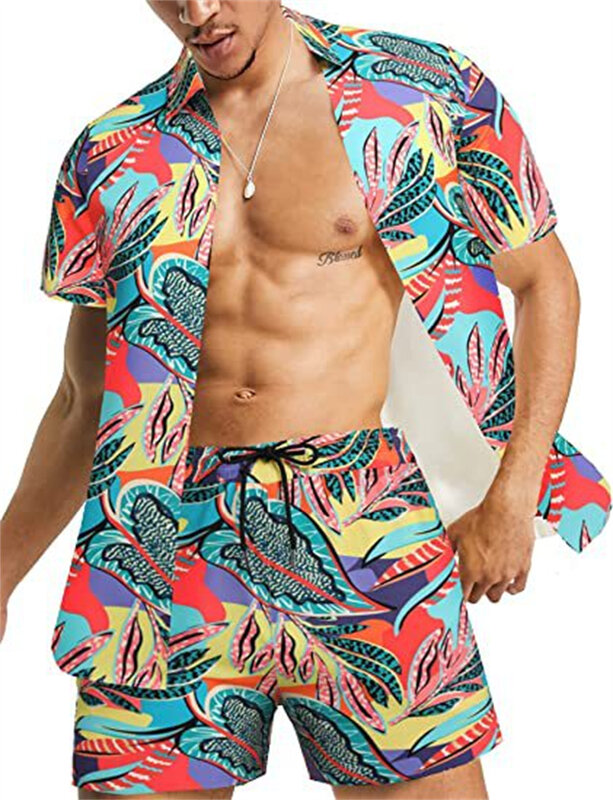 Camisa hawaiana de manga corta con botones para hombre, traje de pantalones cortos, informal de lujo, Verano
