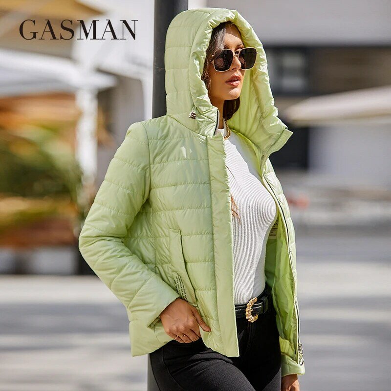 GASMAN 여성용 재킷, 봄 2022 짧은 얇은 면 의류, 패션 캐주얼 후드 디자인 파카, 심플 퀼트 여성 코트 8218