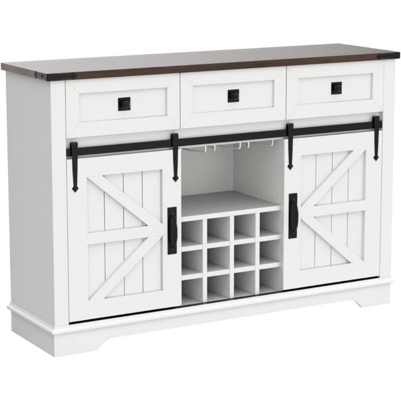 OKD 54" Farmhouse Buffet Cabinet with Storage, Rustic Wine Bar Cabinet W/ 3 Drawers, Sliding Barn Door, Wine & Glass Rack
