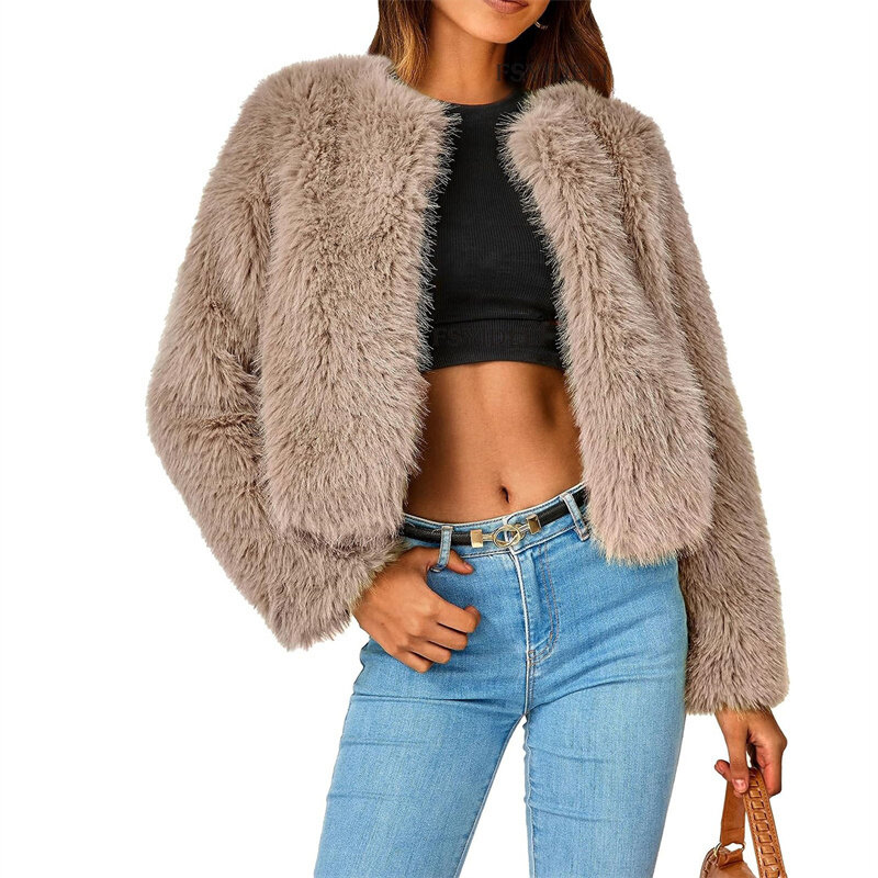 2023 Fashion Faux Fur Coat Women Mink Fur Short Jacket Autumn Winter O-neck Solid Streetwear Cardigan Tops Female Slim Outerwear