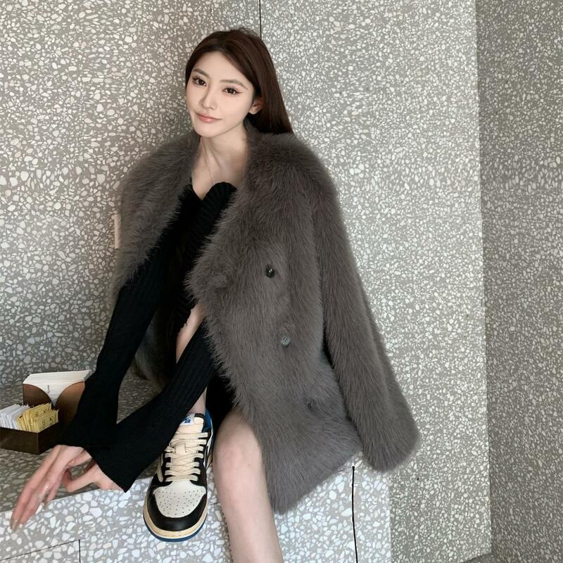 High-end Fur Coat 2023  Korean Style Winter Clothes Fashion Long Sleeve Female Warm Casual Elegant Jacket C62