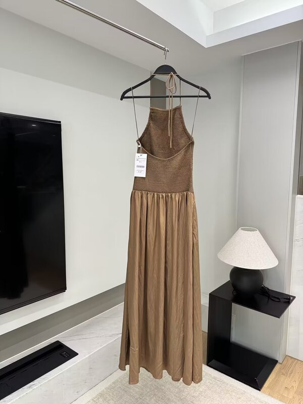 Vestido Midi Retro sin mangas para Mujer, falda larga con tirantes y cuello de tela elástica, elegante, a la moda, novedad de 2024