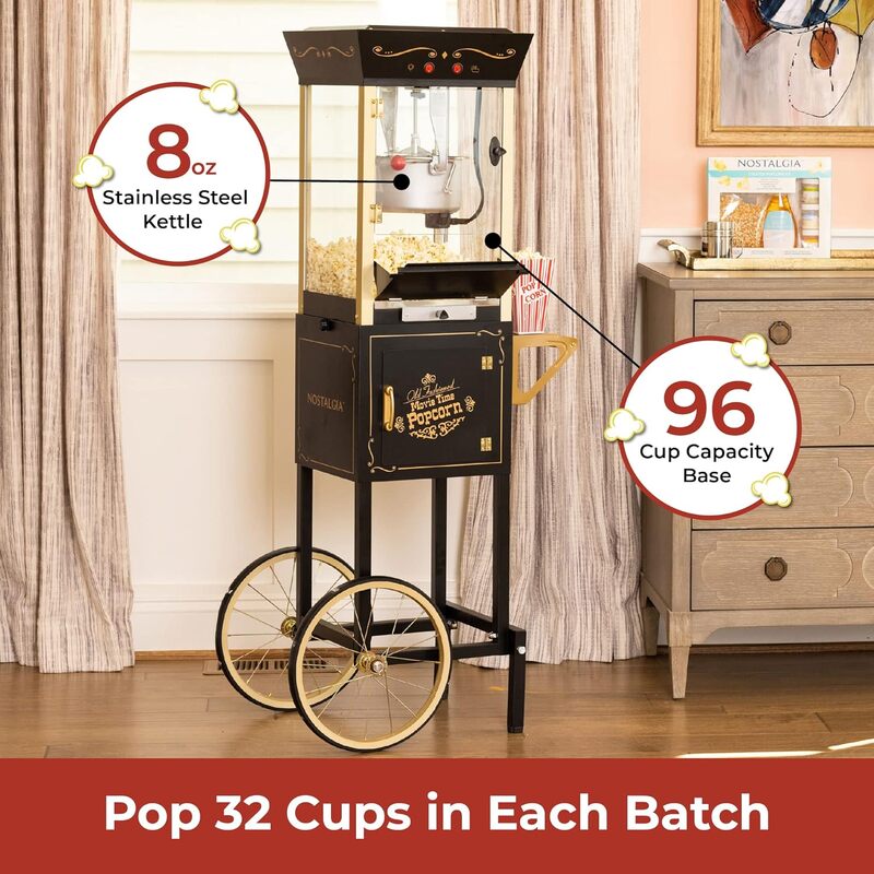 Nostalgia Popcorn Maker Machine - Professional Cart With 8 Oz Kettle Makes Up to 32 Cups - Vintage Popcorn Machine
