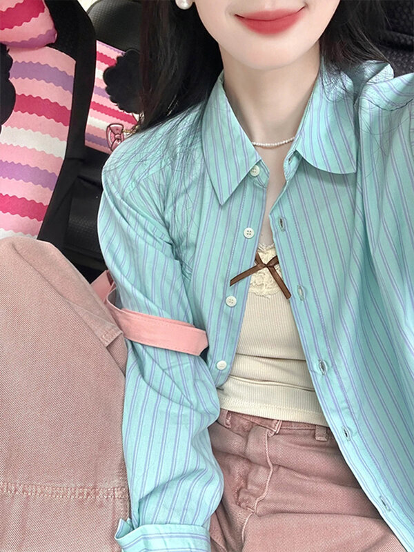 Camisa de calle a la moda para mujer, blusa informal holgada básica a rayas, Top de manga larga azul coreano, novedad de verano