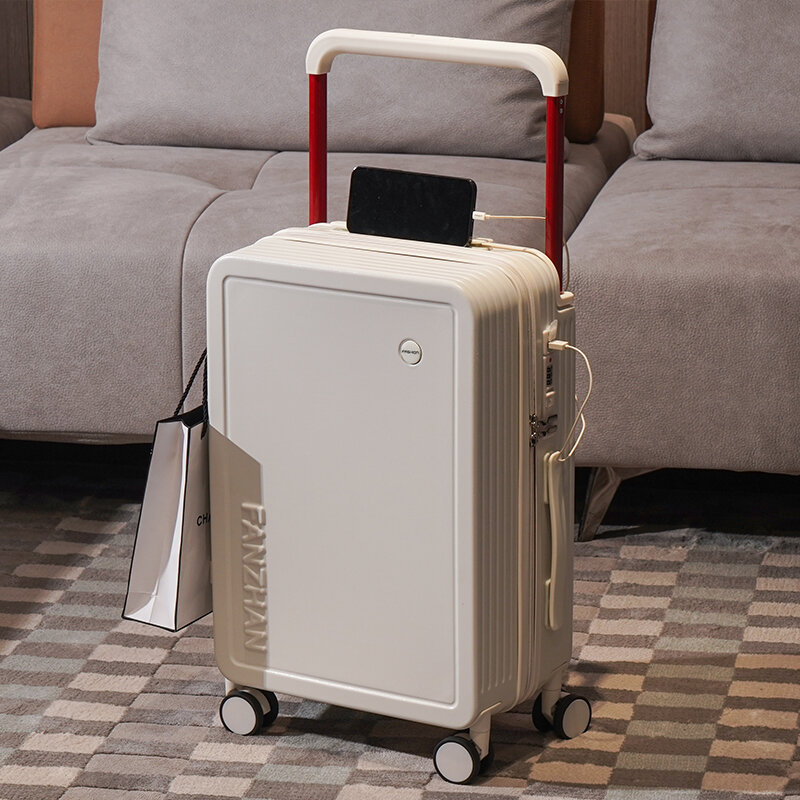 Новый дизайн, Дорожный чемодан с широкой ручкой, ручной чемодан на колесиках, телефон с держателем для чашки, USB зарядка, 20-дюймовый чемодан на колесиках