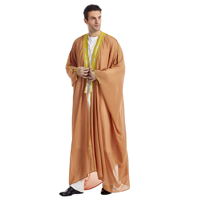 Muzułmański Jubba Thobe haft z długim rękawem szyfonowa bluza męska islamskie Abaya Kimono długa suknia saudyjski kaftan Dubai Arab