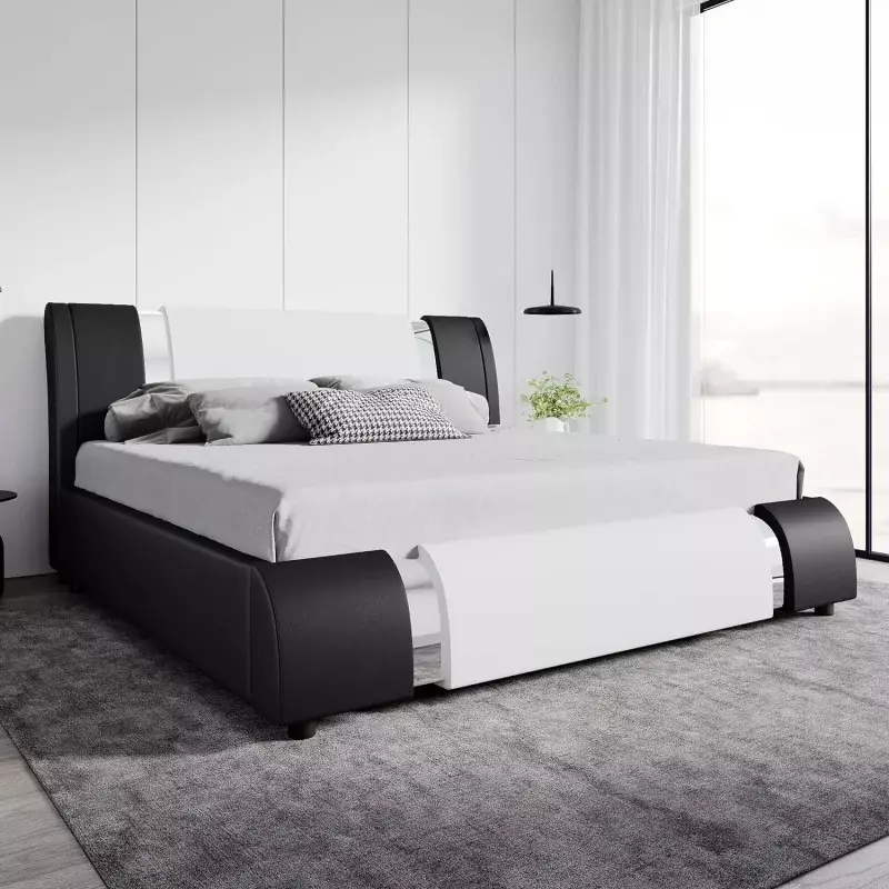 Nowoczesna ramka łóżko King-size ze sztucznej skóry SHA CERLIN z regulowanym zagłówkiem i żelaznymi akcentami, łóżko z pełnymi bokami tapicerowana Deluxe z S