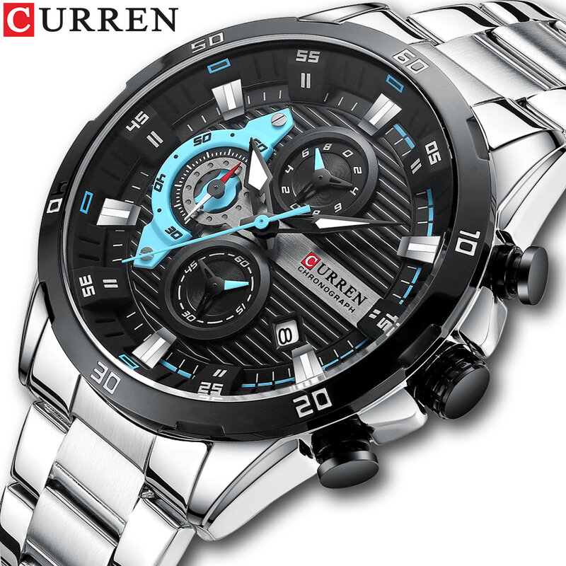 CURREN-Relógio de pulso quartzo aço inoxidável impermeável masculino, relógio luminoso, moda luxo, esporte, cronógrafo