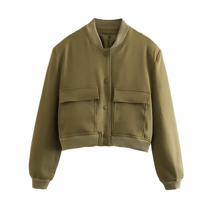 2024 Spring New Women's Pocket Jacket Long sleeved Pocket Casual Coat Fashion Solid Color Women's Coat