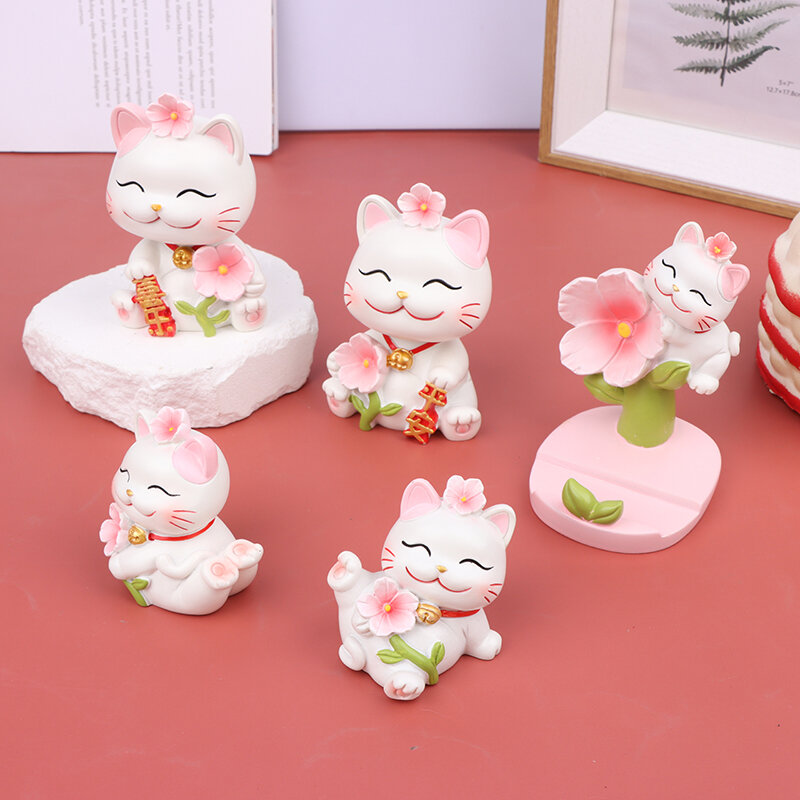 Creative Resin Lucky Cat Ornament Cute Cherry Blossom Cats Home Car Decor Phone Stand Holder Feng Shui Decoration Birthday Gift