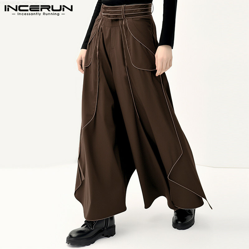 Celana panjang pria, celana S-5XL kaki lebar longgar bergaya sederhana INCERUN desain Multi potong untuk lelaki