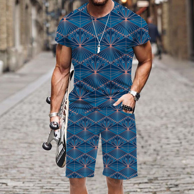Camiseta masculina shorts conjunto de roupas esportivas padrão abstrato outfit verão manga curta moda rua praia o pescoço 3d impresso casual