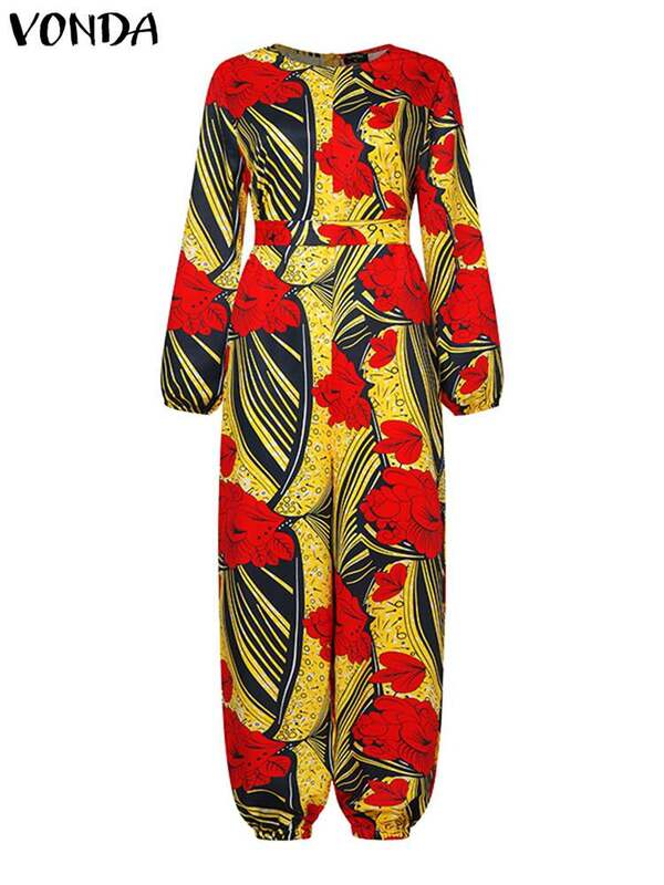 Plus Size VONDA Fashion Printed Jumpsuits Women Vintage Long Sleeve High Waist Casual Overalls Loose Bohemian Belted Playsuit