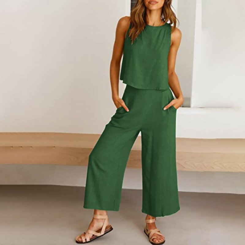 Summer Women's Solid Top Shirt 2 Piece Set Fashion O-neck Sleeveless Casual Elegant Sets 2024 New Elegant Normal Clothing