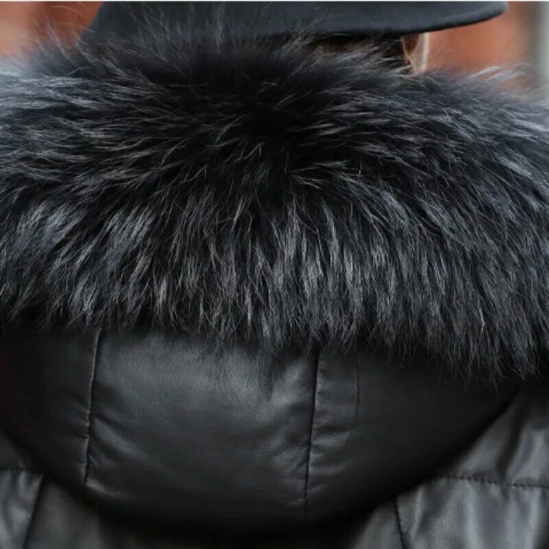 2023 baru jaket kulit Haining pria dan wanita, mantel nyaman tudung tebal kerah bulu panjang ramping musim dingin