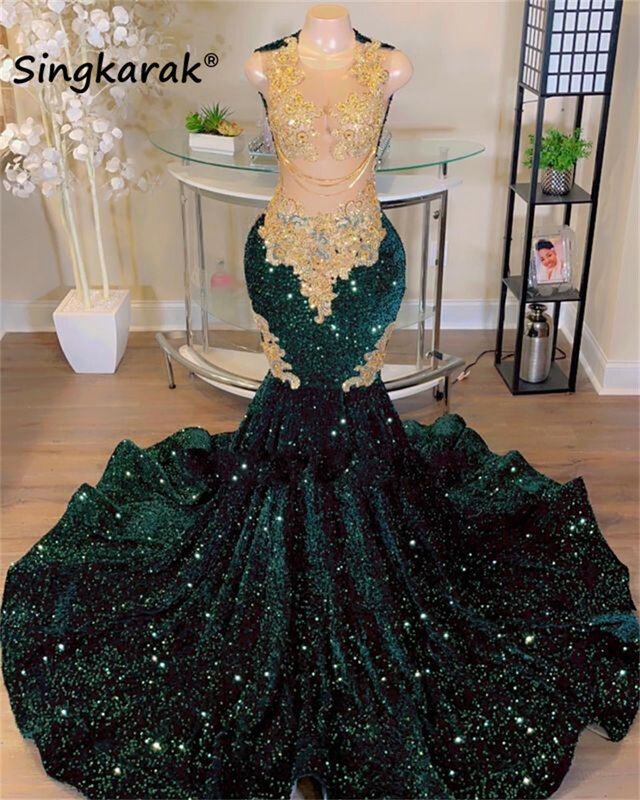 Błyszcząca ciemnozielona syrena suknie balowe 2024 dla czarnych dziewczynek ze złotą koronką aplikacje koraliki frędzle aksamitne cekiny suknia wieczorowa